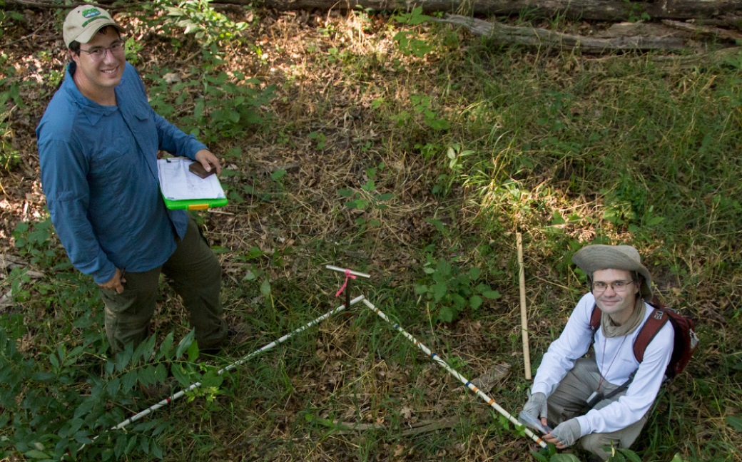 Two researchers are on the forest floor with clipboards and plot markers.